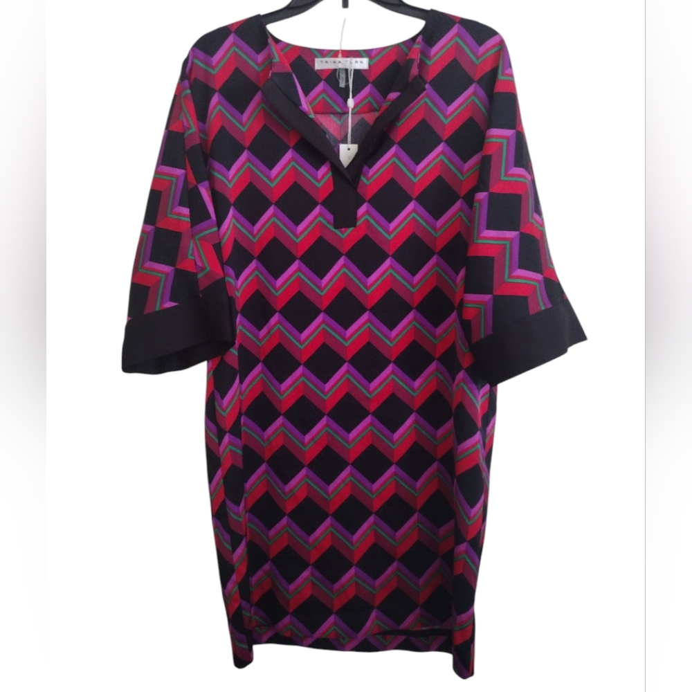 Trina Turk Prohibition Geometric Chevron Patterned Purple Red Black Dress Size 2